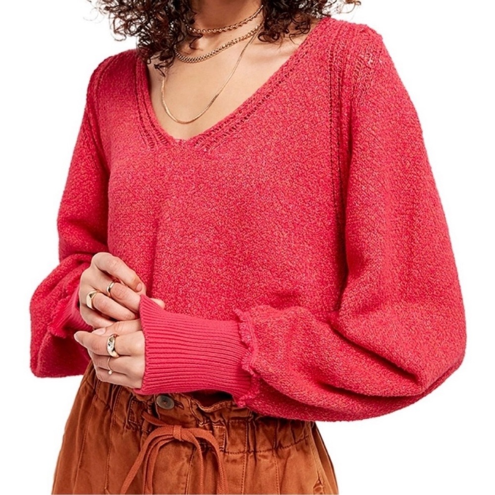 Free People Pink V Neck Riptide Sweater Top, M